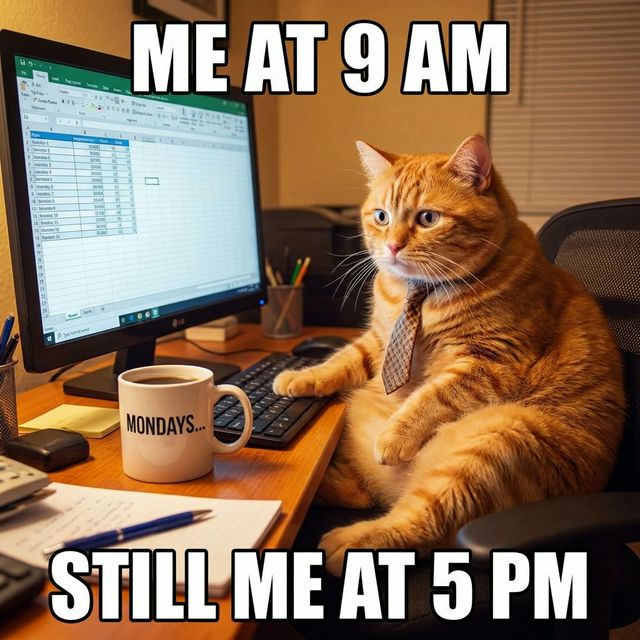 Funny meme cat looking at computer